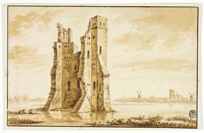 Ruinerna av Merwede herrgård sett framifrån med Dordrecht i bakgrunden av Abraham Rademaker