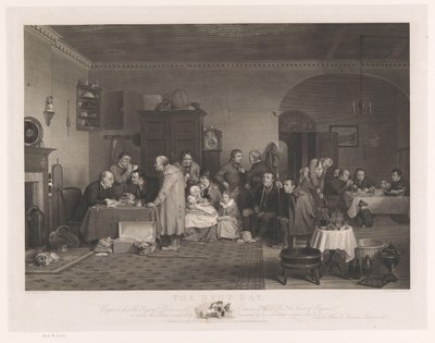 Inredning med företag som ska betala hyra Hyresdagen (titel på objekt) av Abraham Raimbach