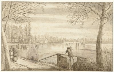 Skridskoåkare på floden Vecht, nära Maarssen, med ägorna Daelwijck och Vechthoven på avstånd av Abraham Rutgers