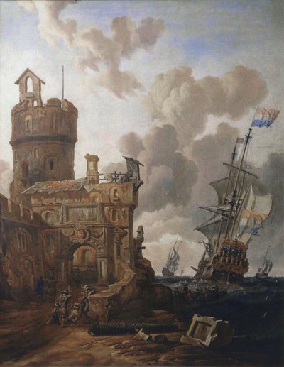 Ett holländskt fartyg passerar ett fort av Abraham Storck
