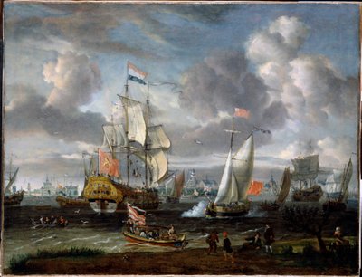 En engelsk yacht som hälsar på ett nederländskt krigsfartyg i Rotterdams hamn  av Abraham Storck