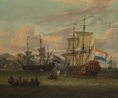 Holländska kustfartyg vid en hamn vid Medelhavet av Abraham Storck
