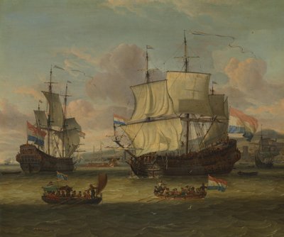 Holländska kustfartyg vid en hamn vid Medelhavet av Abraham Storck