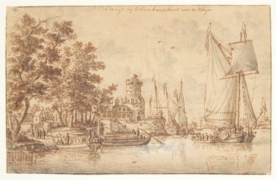 Rhenlandskap med slott och skepp av Abraham Storck