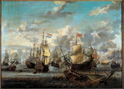 Andra anglo-neerländska kriget: "" Slaget om de fyra dagarna från 11 till 14/06/1666"" Hon motsatte sig de holländska flottorna till engelsmännen. Målning av Abraham Storck (1635-1710) (ec.hol.) 1600-talets Paris, Musee de la Marine av Abraham Storck