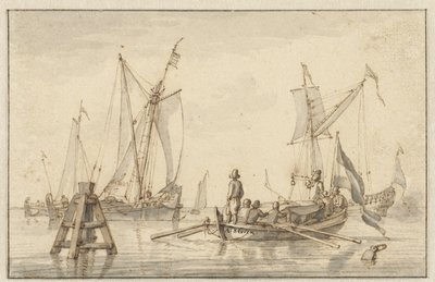 Stilla havet med några båtar av Abraham Storck
