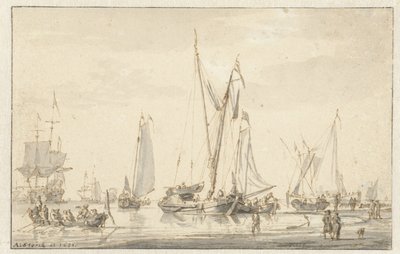 Strandscen med förtöjda fartyg av Abraham Storck