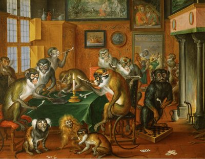 Tabakskollegium von Affen - Apornas rökande sällskap ... (olja på koppar) av Abraham Teniers