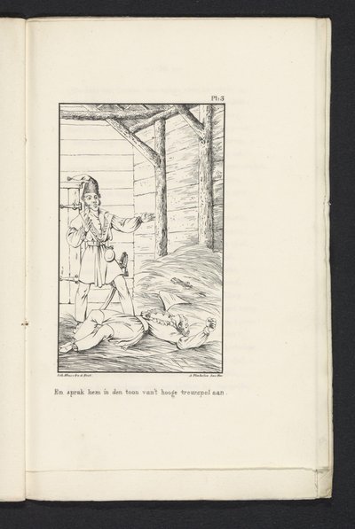De åttio invånarnas resa till Tervuren (skylt 3), 1830 Och tilltalade honom i tonen av hög tragedi (titel på objekt) av Abraham Vinkeles