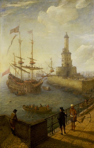 Ett spanskt tremastat fartyg ankrat utanför Neapels (Italien) kust, sett från en asfalterad pir i staden, mot fyren och byggnaderna i Medelhavshamnen av Abraham Willaerts