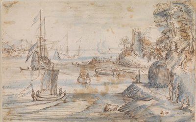 Kustlandskap med flera fartyg, en hög kust med flera figurer av Abraham Willaerts