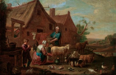 Bondefamilj med nötkreatur, får och getter på en gård (olja på duk) av Abraham Willemsens