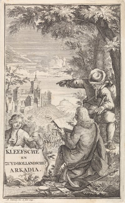 Resenären ritar staden Kleve Titelsida för: C. Bruin, Kleefsche och Zuid-Hollandsche Arkadia (...), 1730 av Abraham Zeeman