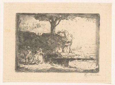 Landskap med tre figurer av Abraham de Miranda (signed by artist)