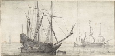 Segelfartyg på stilla vatten nära kusten av Abraham de Verwer (possibly)