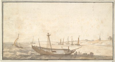 Strand med fartyg nära Scheveningen av Abraham de Verwer