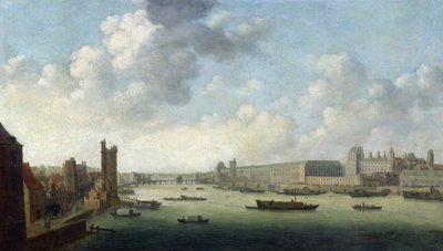 Perspektivvy över Paris perspektivvy av Paris från Barber Bridge nedströms, föreställande Hôtel Bourbon, The Grande Galerie of the Louvren, ca 1640 av Abraham de Verwer