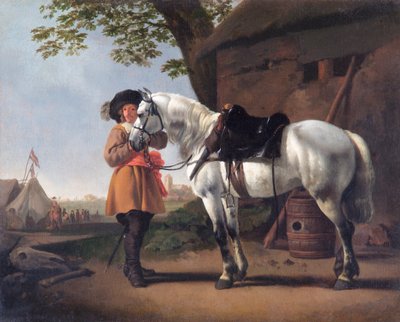 En kavaljer med en grå häst (olja på duk) av Abraham van Calraet