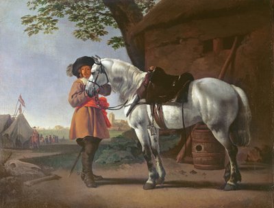 En kavaljer med en grå häst av Abraham van Calraet