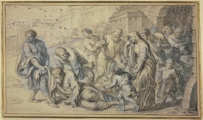 Gubben lyfts från marken av invånare framför stadsmurarna av Abraham van Diepenbeeck