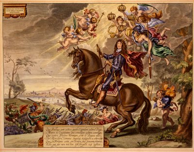 Charles II med en dedikation på franska, med Old London Bridge i bakgrunden, från The Method and New Invention of Dressing Horses av William Cavendish, publicerad 1737 (2nd edn) (akvatint) av Abraham van Diepenbeeck
