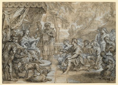 En drottning med hermelinmantel och spira (Semiramis?) på en tron, framför henne knäböjer en grupp män och kvinnor av Abraham van Diepenbeeck