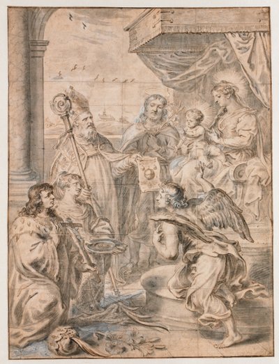 Maria med barn på tronen älskad av tre helgon av Abraham van Diepenbeeck