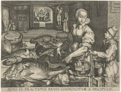 Keukenstuk met vrouw die wis schoonmacht Jesus är igenkänd av lärjungarna när brödet bryts (titel på föremål) av Abraham van Lier