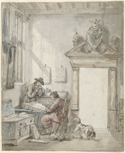 Interiörscen med en skrivande man vid ett skrivbord av Abraham van Strij (I)