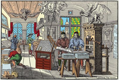 Interiör av ett tryckeri i Nürnberg, Tyskland: arbetare i arbete, början av 1600-talet - grav. av Abraham van Werdt. av Abraham van Werdt