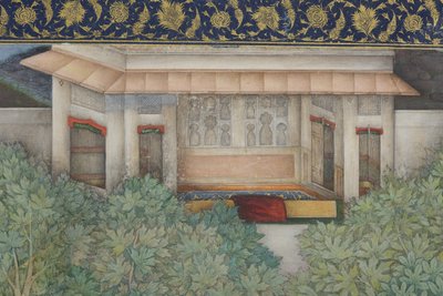 Detalj från kejsar Jahangir med heliga män i en trädgård, ca 1615 (ogenomskinlig wc & guld på papper) av Abul Hasan