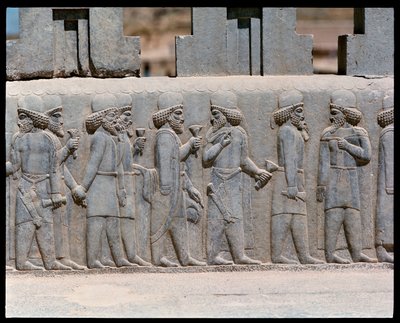 Vy över relieferna på norra trappan av Achaemenid