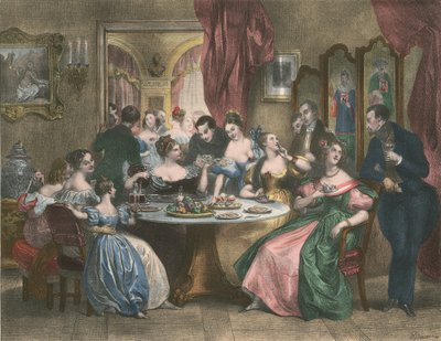 Le The, The Tea Party (färglitografi) av Achille (after) Deveria