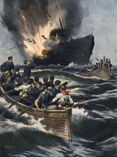 En tysk ångbåt exploderade mellan Sicilien och den tunisiska kusten. Besättningen hann flytta iväg ombord på båtar. Ill. de Beltrame. La Domenica del Corriere. 06/1909. av Achille Beltrame