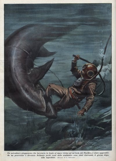 En japansk dykare med en scaphandler slukades av en haj i Stilla havet. Illustration av Achille Beltrame från "La domenica del corriere"" av 1937-08-08. av Achille Beltrame