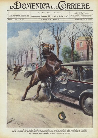 I Livorno, på Viale della Stazione, har en häst som leddes till stallet smält? av Achille Beltrame