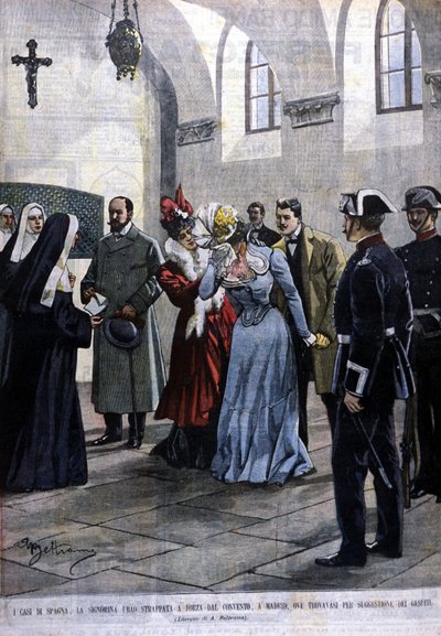 I Madrid slits en ung kvinna, Mademoiselle Ubao, från livet av en nunna i ett kloster där hon befann sig på jesuiternas förslag. Illustration av Beltrame. Domenica del corriere. 1901. av Achille Beltrame