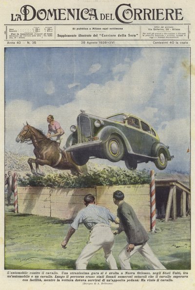 En bil och en häst hoppar ett hinder på en kapplöpningsbana i New Orleans av Achille Beltrame