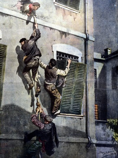 En vågad flykt av fyra fångar från Asti-fängelset efter att ha brutit sig igenom muren. Teckning av Beltrame. La Domenica del Corriere. 1902 av Achille Beltrame
