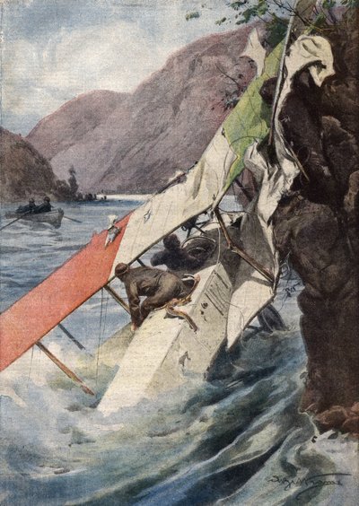 En dramatisk spaningsflygning: efter ett slagsmål, utan motor eller propeller, lyckades två flygare överraskande nå de italienska linjerna och föll i Isonzofloden. Ill. de Beltrame. La Domenica del Corriere. 10/1917. av Achille Beltrame