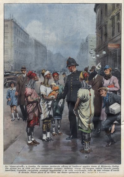 En grupp kvinnliga giraffer från Burma frågar sig fram till en engelsk polis (polis) i London, de är klädda i turban, tunika, ringar runt halsen och benen. Illustration av Achille Beltrame i "La domenica del Corriere"" av 1937-04-26. av Achille Beltrame