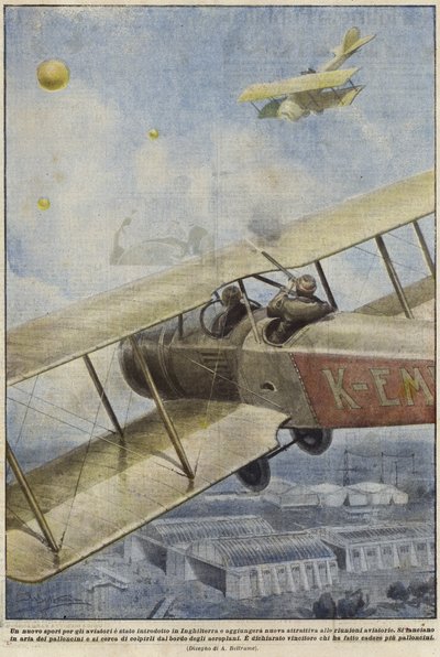 En beväpnad man i ett flygplan som skjuter ballonger över England av Achille Beltrame