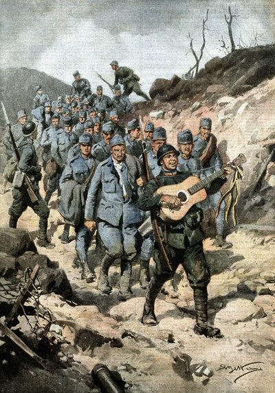 En glad hjälte. Efter att ha fångat fyrtio österrikare och en gitarr i en grotta, marscherade menige Buoncompagni i spetsen för gruppen fångar som sjöng. Ill. de Beltrame. La Domenica del Corriere. 10/1917 av Achille Beltrame