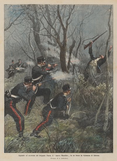 Bakhåll och dödande av briganden Parisi, den nya Musolino i en skog nära Salerno av Achille Beltrame