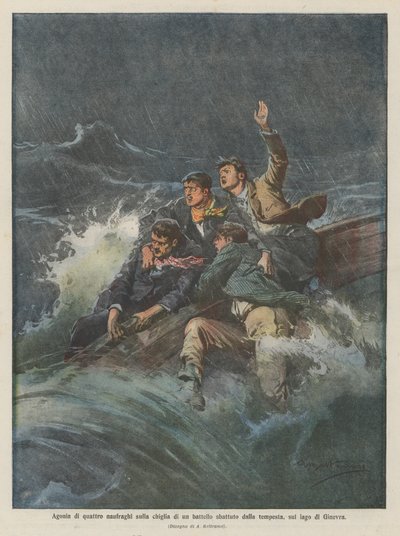 Kval av fyra skeppsbrutna på kölen av en stormdrabbad båt på Genèvesjön av Achille Beltrame