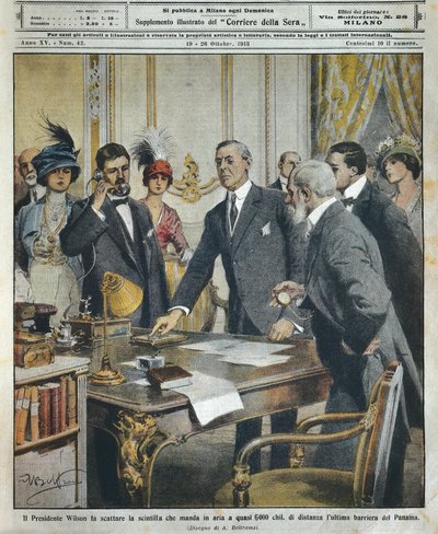 Amerikanska presidenten Woodrow Wilson sätter igång detonationen telegrafiskt som rev den sista barriären till Panamakanalen 6000 kilometer bort, av Achille Beltrame (1871-1945), från La Domenica del Corriere av Achille Beltrame