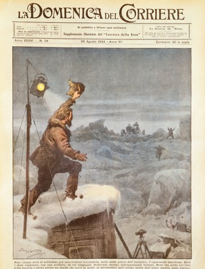 Amerikansk upptäcktsresande, Richard E Byrd, får sällskap av följeslagare i Antarktis efter att ha varit ensam i fem månader, av Achille Beltrame, illustration, illustratör Achille Beltrame (1871-1945), från La Domenica del Corriere, 26 augusti 1934 av Achille Beltrame