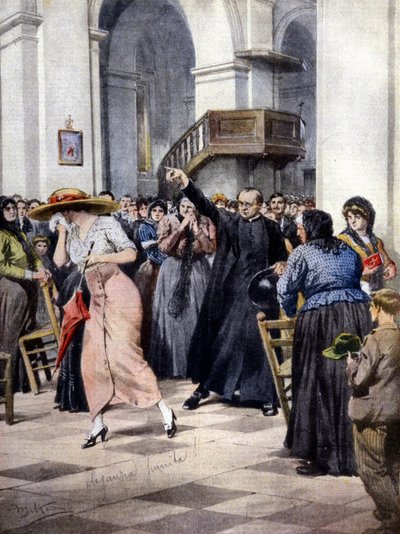 Ett exempel på religiös moralism: en ung kvinna jagas ut ur kyrkan av en präst och de troende som skandaliseras på grund av hennes lätta klädsel. Ill. av A. Beltrame. "La Domenica del Corriere" av Achille Beltrame