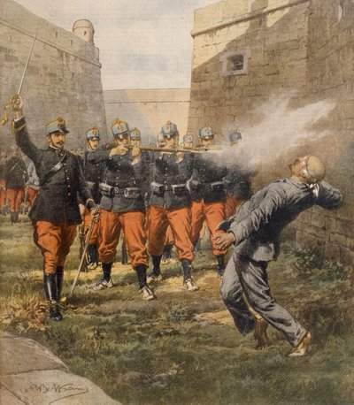 Anarkisten Francesco Ferrers död genom skjutning i Barcelonas fängelse, av Achille Beltrame, illustration, illustratör Achille Beltrame (1871-1945), från La Domenica del Corriere, oktober 1909 av Achille Beltrame