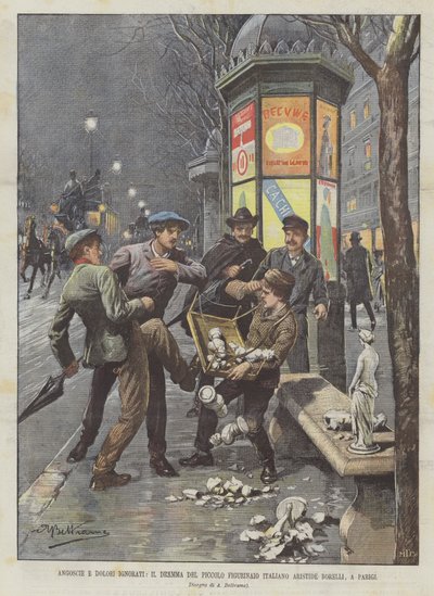 Nöd och smärta ignoreras, dramat om den lilla italienska statyettmakaren Aristide Borelli, i Paris av Achille Beltrame